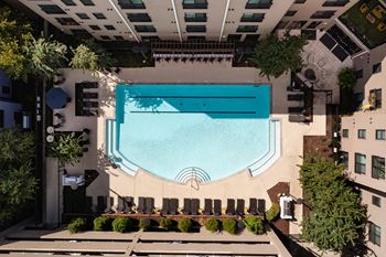 A swimming pool surrounded by trees and lounge chairs.